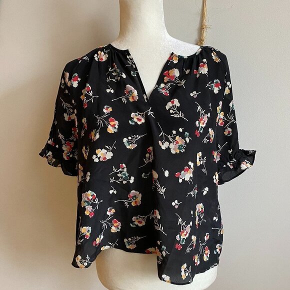 MADEWELL BNWOT Black Floral Vneck Ruffle Short Sleeve Top  Sz XSmall Silk - Picture 3 of 8